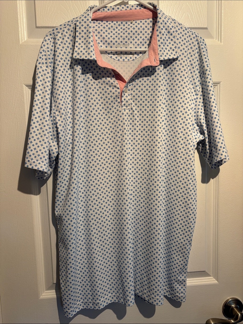 Men's Short Sleeve Polo - White with Blue Microprint and Pink Trim